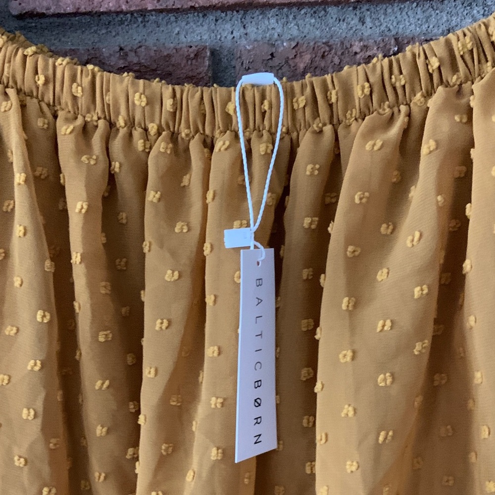 Baltic Born Elegant Mustard Off-Shoulder Swiss Dot Maxi Dress - Picture 3 of 7